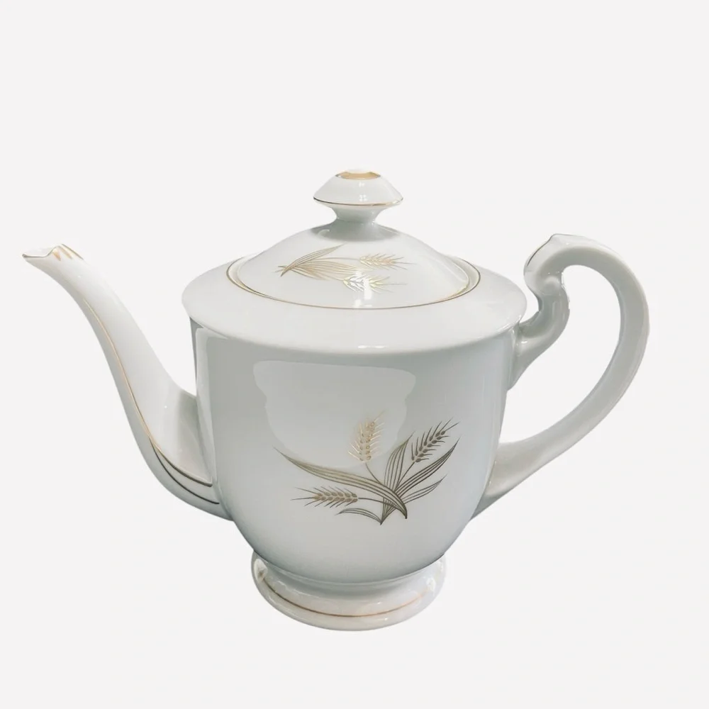 VTG Hakusan China Japan Tea Set Teapot 6 Snack Plates Gold Wheat Bone China 9675